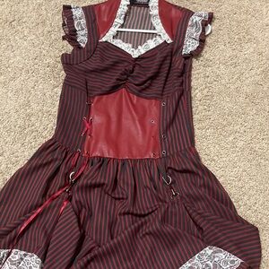 Scarlett Dark Red and Black Striped Dress with Lace